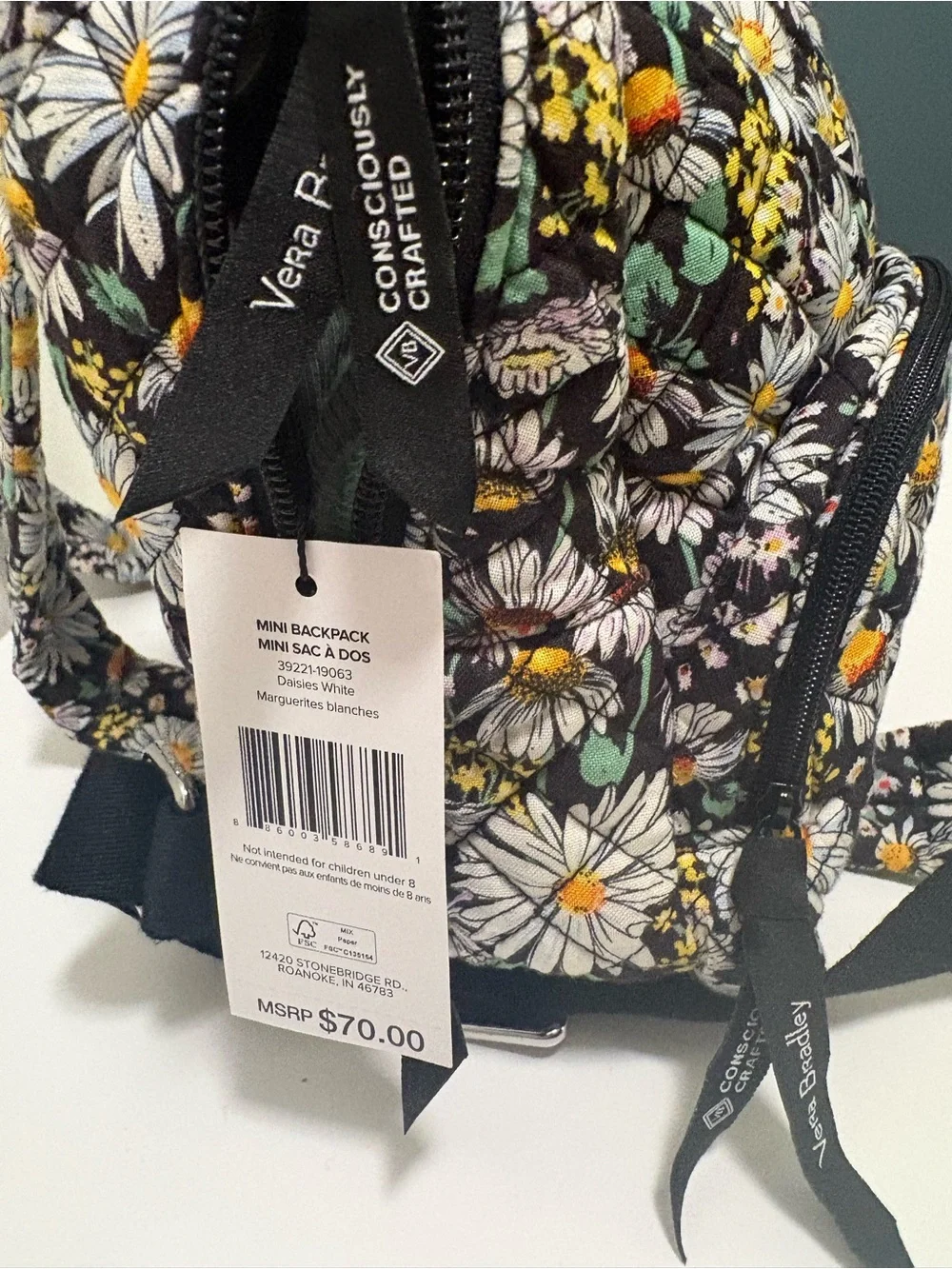 Vera Bradley Black Floral Quilted Mini Backpack with White Daisies